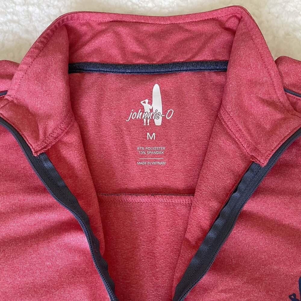 Johnnie-O Surfer Logo Mens M 1/4 Zip Pullover Pink-Red Blue Long Sleeve Golf